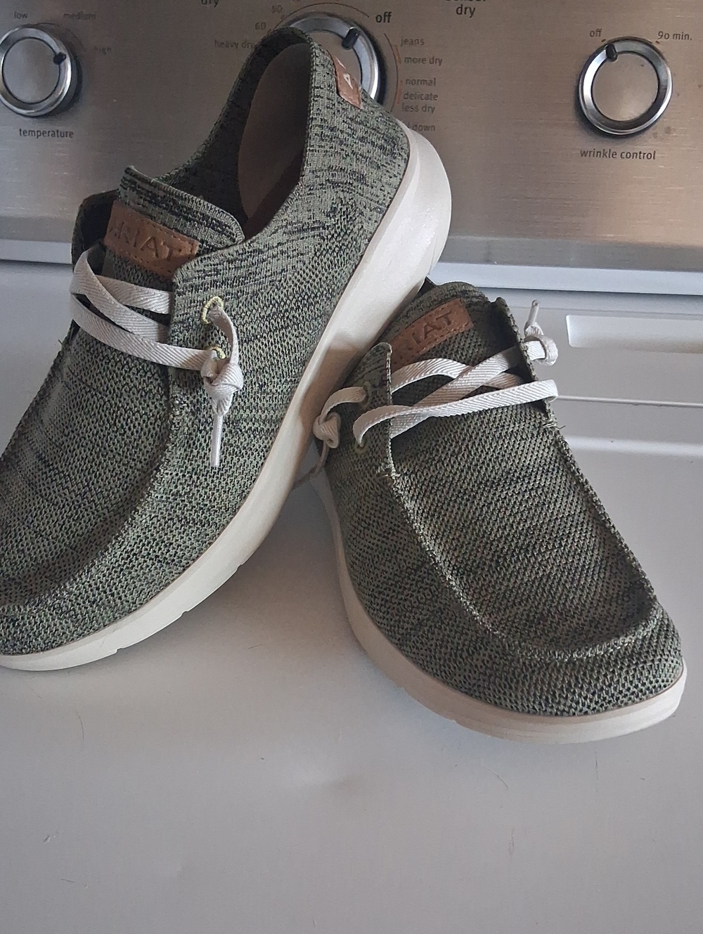 Mens ARIAT Olive Green Knit Slip-On Loafers with Off-White Sole WORN ONCE